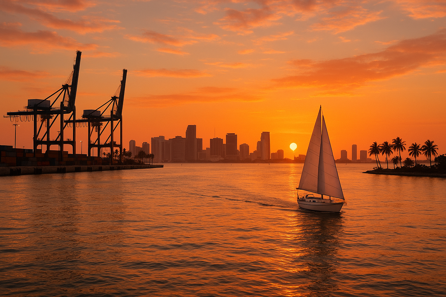 le port de miami, sous le soleil couchant ou l'on voit un voilier s'éloigner
